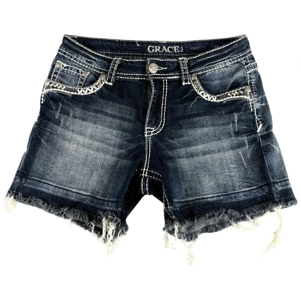 Grace in LA Easy Fit Denim Shorts Women 27 Blue Dark Wash Y2K Distressed Raw Hem